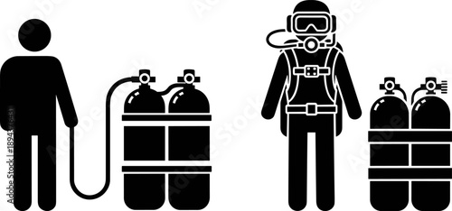 Scuba diving equipment silhouette illustration set showing diver figures with oxygen tanks and gear, black vector underwater activity icons isolated on white background for safety and sport design