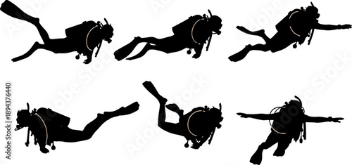 Scuba diving silhouette set showing underwater swimming positions, professional diver equipment, marine adventure sport, black and white vector illustration isolated