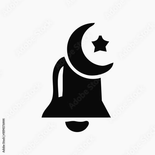 Islamic notification bell icon symbolizing Ramadan, featuring a crescent moon and star, ideal for digital alerts and cultural celebrations