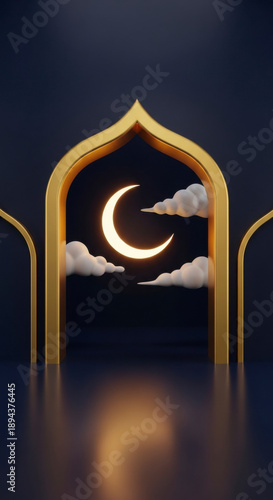 Luxury Gold Islamic Arch with Crescent Moon for Ramadan Eid Hari Raya Aidilfitri, Dark Blue Celebration Concept