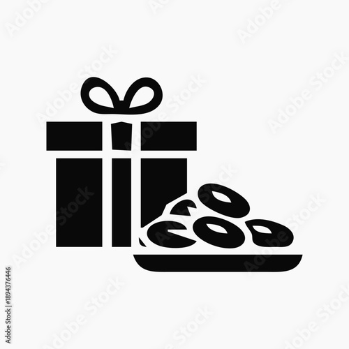 Clean vector graphic of a gift box tied with a ribbon and a plate filled with delectable pastries, ideal for illustrating holiday promotions, birthday wishes, and special offerings