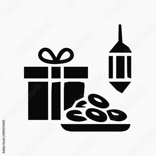 Minimalist Holiday Celebration Icon Featuring Gift Box, Traditional Lantern, and Dates for Festive Occasions