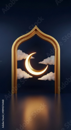 Luxury Gold Islamic Arch with Crescent Moon for Ramadan Eid Hari Raya Aidilfitri, Dark Blue Celebration Concept