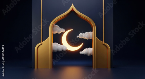Luxury Gold Islamic Arch with Crescent Moon for Ramadan Eid Hari Raya Aidilfitri, Dark Blue Celebration Concept