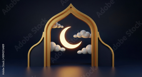 Luxury Gold Islamic Arch with Crescent Moon for Ramadan Eid Hari Raya Aidilfitri, Dark Blue Celebration Concept