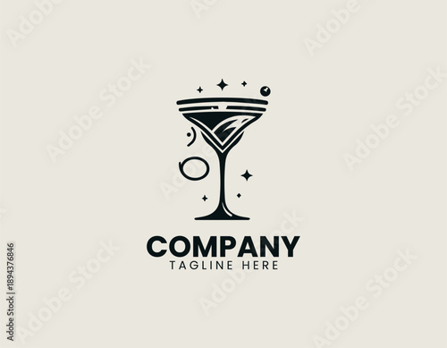 Elegant martini cocktail glass with citrus garnish illustrated as modern black vector logo design