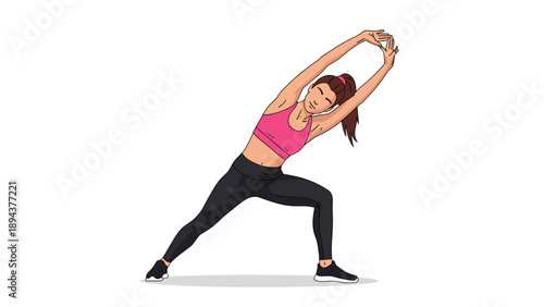 Woman in yoga pose on white background.