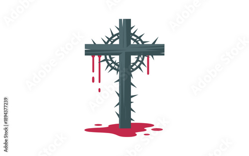 A vector graphic illustration of a crucifix with a crown of thorns and blood