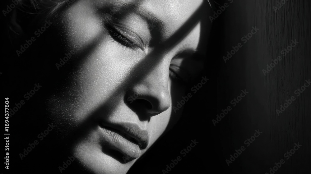 Fototapeta premium Face Partially in Shadow Shows a Thoughtful Expression While Surrounded by an Atmosphere of Calm and Chaos During a Dimly Lit Moment