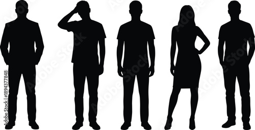 Collection of male and female standing human silhouettes, presenting different poses and body postures for lifestyle, fashion, identity, and character concepts