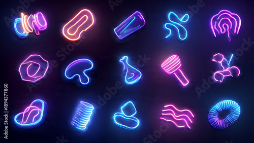 Neon Icons Set on Dark Background.