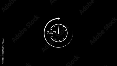 White 24/7 service clock with circular arrow on a dark black background representing continuous availability and round the clock operation for businesses and customer support services