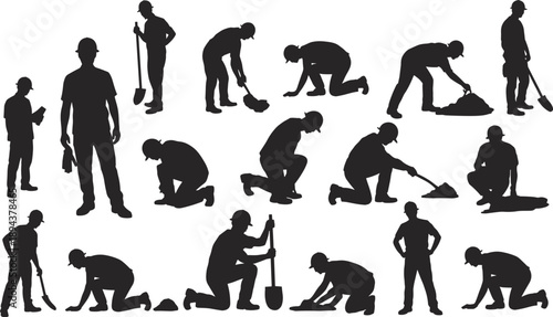 Silhouettes of construction workers performing digging and ground work tasks, illustrating manual labor, construction industry jobs, and infrastructure development activities