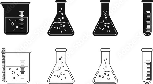 Set of black and white laboratory glassware icons including beaker, Erlenmeyer flask, and test tube with liquid and bubbles for science illustrations