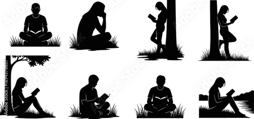 Set of black silhouette illustrations of people reading books outdoors in nature, under trees, near water, in peaceful and relaxed poses