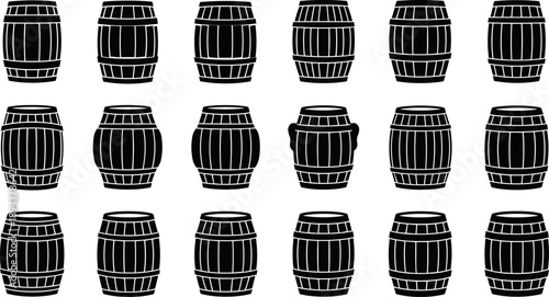 Set of black wooden barrel silhouettes collection for wine, whiskey, beer storage, vintage brewery, distillery, packaging, game assets, and infographic design vector illustration
