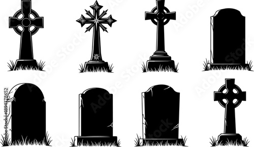 Set of cemetery tombstones and crosses silhouettes, graveyard memorial stones, gothic funeral symbols, isolated black vector illustration for Halloween, remembrance, mourning themesSet of cemetery 
