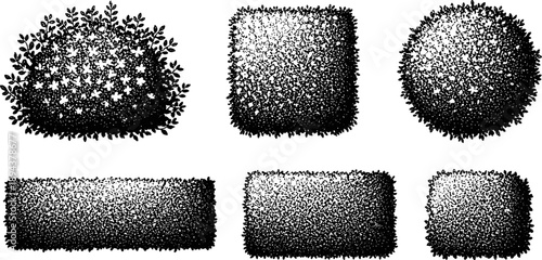 Set of dense garden hedge and bush silhouettes in various shapes, ideal for landscaping design, nature backgrounds, fence concepts, botanical illustrations, and decorative vector artwork projects