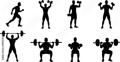 Set of fitness and gym workout silhouettes featuring running and weightlifting exercises, black athletic human figures isolated on white background for training, health, and sport design