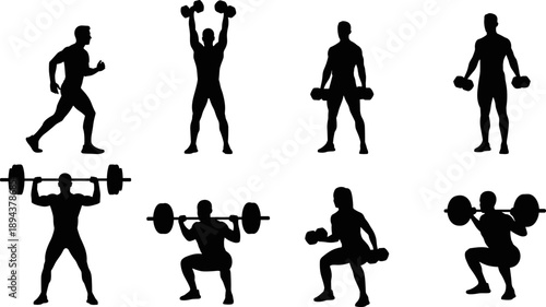 Set of fitness silhouettes performing gym and weightlifting exercises, black athletic human figures isolated on white background for strength training, bodybuilding, health, and sport design