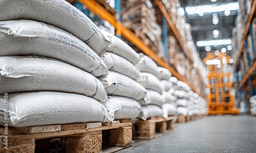 Agricultural Commodity Distribution in Warehouse with Stacked Bags on Pallets