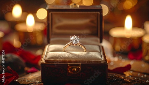 Wallpaper Mural Elegant Diamond Ring in Wooden Box with Candlelight and Rose Petals Romantic Golden Hue Torontodigital.ca