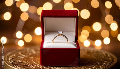 Wallpaper Mural Elegant Diamond Ring Inside Velvet Box on Golden Decorative Plate with Bokeh Lights in Background Torontodigital.ca