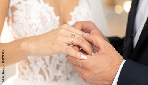 Wallpaper Mural Closeup of Groom Putting Wedding Ring on Bride's Finger in White Floral Lace Gown on Bright Neutral Background Torontodigital.ca