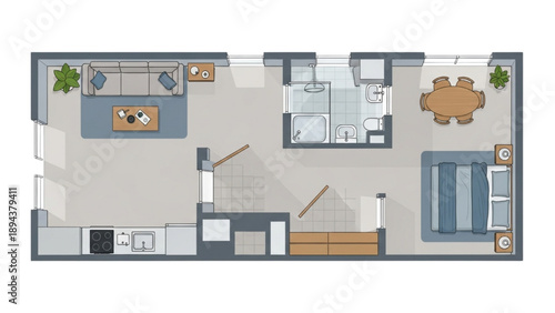 Modern apartment floor plan illustration with open-concept living, dining, kitchen, bedroom, and bathroom layouts