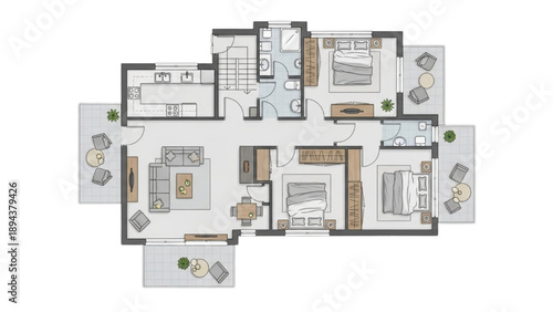 Modern Apartment Floor Plan with Balconies and Three Bedrooms