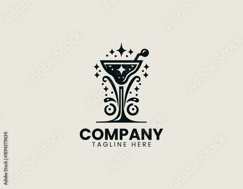 Elegant martini cocktail glass with citrus garnish illustrated as modern black vector logo design