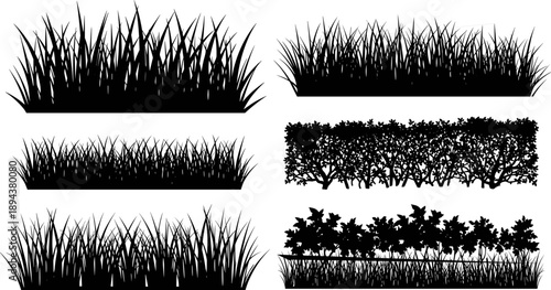 Set of grass and bush silhouettes in black featuring meadow plants, shrubs, and landscape elements for nature design, garden illustration, and decorative ground cover concepts
