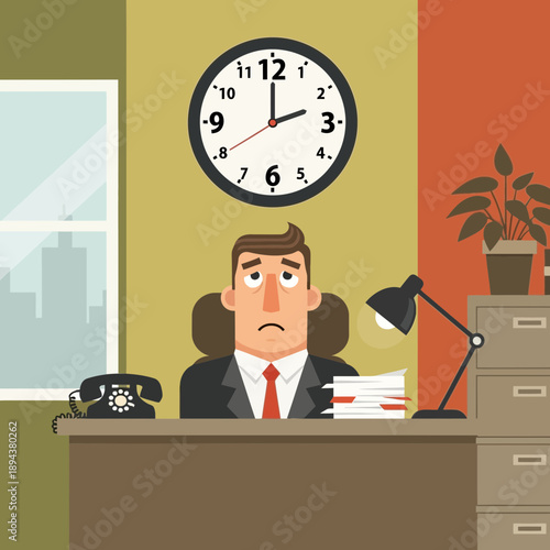 Tired businessman working late at office desk under clock