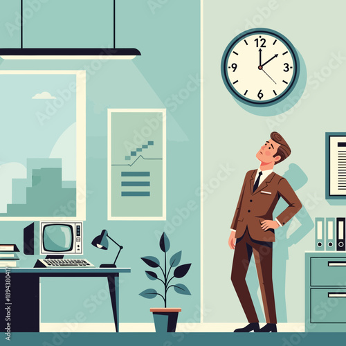 Businessman looking at clock in office, time management concept