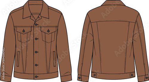 Men’s denim jacket flat technical drawing with front and back views featuring button closure, chest pockets, long sleeves, and classic outerwear vector illustration