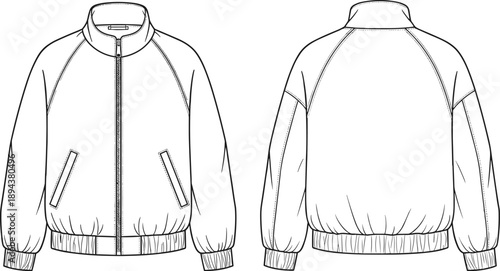 Men’s bomber jacket technical flat sketch with raglan sleeves, front and back view vector illustration for fashion design, outerwear development, and apparel manufacturing reference