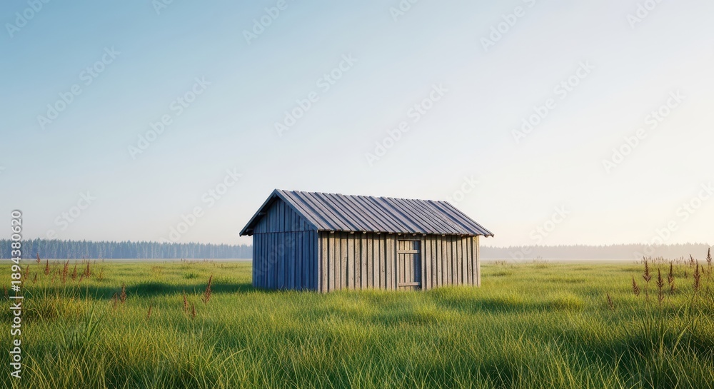 Obraz premium A rustic wooden hut stands horizontally in a quiet, isolated field, suggesting survival and simple living near nature and the wilderness, hut, structure, escape