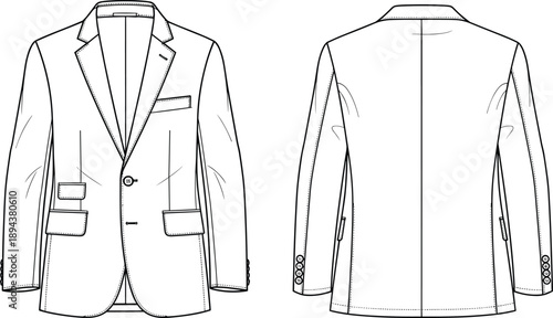 Men’s tailored blazer technical fashion illustration, front and back view, classic formal jacket line drawing, apparel design template for clothing manufacturing and pattern development