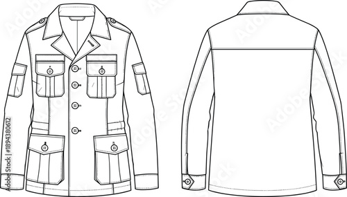 Men’s utility jacket flat technical drawing with front and back views featuring multiple pockets, button closure, long sleeves, and military inspired outerwear vector illustration