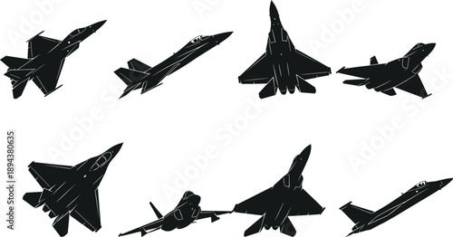 Military fighter jet silhouette collection showing modern combat aircraft from multiple angles, air force aviation technology concept isolated on white background vector illustration