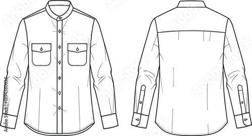 Men's long sleeve button down shirt technical flat sketch, front and back view fashion vector illustration for apparel design, pattern making, manufacturing reference