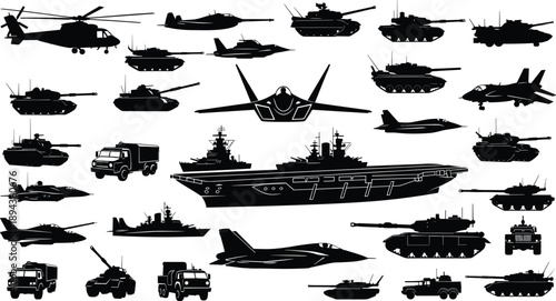 Military vehicle silhouette collection featuring tanks, fighter jets, helicopters, warships and armored trucks isolated on white background for defense, warfare and army design projects