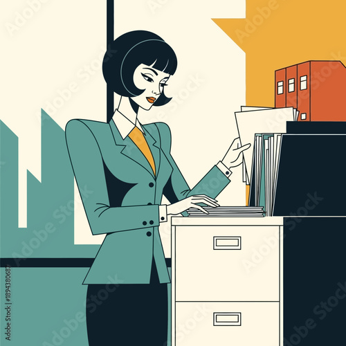 Retro businesswoman organizing documents in filing cabinet