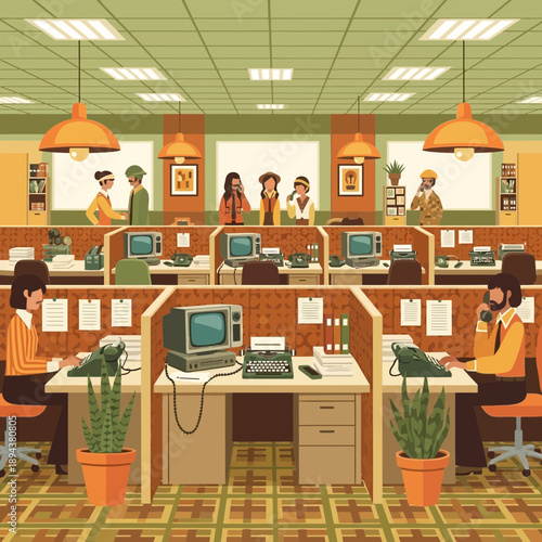 Retro Office Interior with People Working at Desks, Vintage Technology