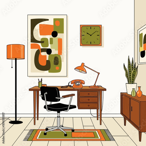 Retro Office Mid-Century Modern Desk with Vintage Phone and Art