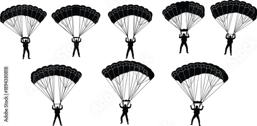Parachuting silhouette set showing skydivers descending with open canopies, aerial extreme sport action poses isolated on white background, aviation adventure training illustration