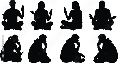 People using smartphone silhouettes showing men and women sitting, chatting and thinking with mobile devices isolated on white background, modern communication lifestyle vector illustration set