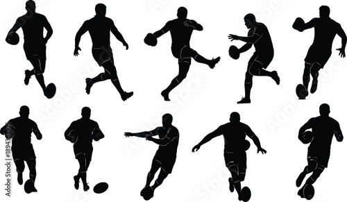 Rugby player silhouette illustration set showing dynamic running passing and tackling actions with oval ball, team sport motion, athletic strength, competitive match poses