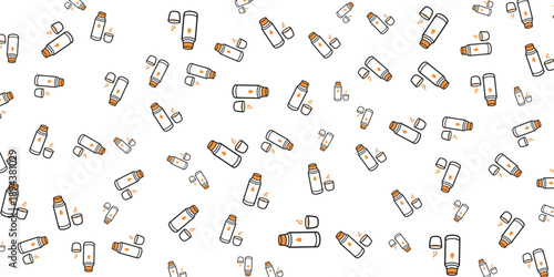 Seamless pattern of cosmetic bottles and tubes with orange accents on a white background