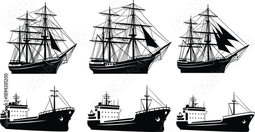 Ship silhouette set featuring vintage sailing ships and modern cargo vessels, black maritime transportation illustration collection for nautical design, logistics branding, history themes, 